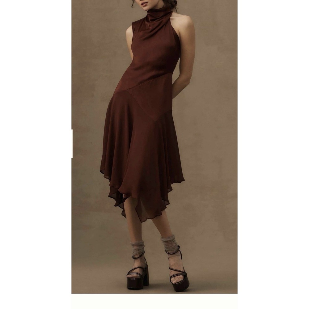 Anthropologie Midi Dress Womens 8 Brown Asymmetrical Romantic Fairy Earthy